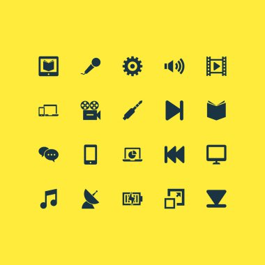 Ders kitabı, Bağıntı antenler, öğrenme ve diğer dişli elemanları ile Medya Icons set. İzole illüstrasyon medya simgeler.