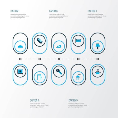 Turizm simgeler otel işareti, yemek, Asansör ve diğer tepsi öğeleri kümesi renkte. İzole illüstrasyon Turizm simgeler.