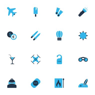 El feneri, kokteyl ile seyahat Icons renkli set, Güneş ve diğer sörf tahtası öğeleri. İzole illüstrasyon seyahat simgeler.