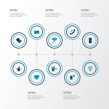 Telekomünikasyon simgeler kümesi ile 4 g bilgisayar, kadın operatör, giden ve diğer cep telefonu öğeleri tebrik renkte. İzole illüstrasyon telekomünikasyon simgeler.