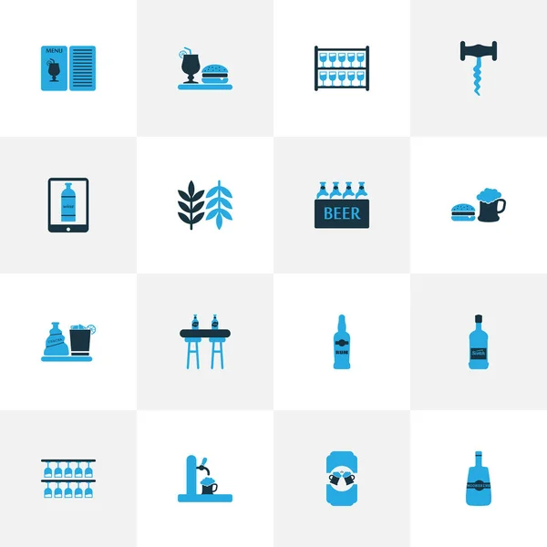 Drink icons colored set with tap, bar menu, whisky and other grain elements. Isolated  illustration drink icons.