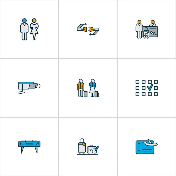 Airport icons colored line set with passenger at registration, video control, flight board and other wc elements. Isolated  illustration airport icons.