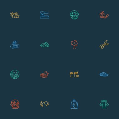 Ekoloji simgeler stil pekan, fauna, hava kirliliği ve diğer ceviz öğeleri kümesi satır. İzole vektör çizim ekoloji simgeler.