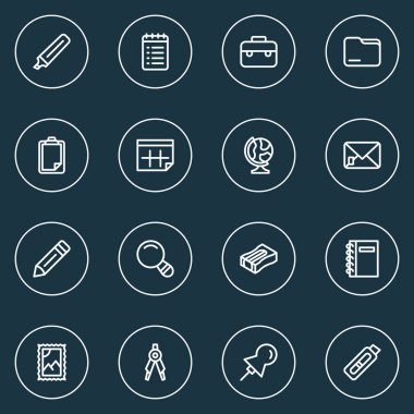 Aracı simgeler çizgi stili kesme bıçağı ve diğer posta damgası öğeleri listelemek için Pano ile ayarlayın. İzole vektör çizim aracı simgeler.