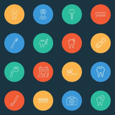 Diş simgeler çizgi stili diş ayna, diş teli, diş taç ve diğer diş öğeleri ile ayarla. İzole vektör çizim diş simgeler.