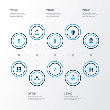 Kişi simgeler kümesi koşu, işkadını, Çift ve yürüyen diğer öğelerle birlikte renkte. İzole vektör illüstrasyon kişi simgeler.