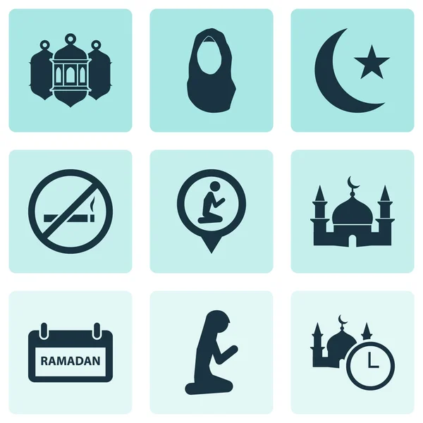 Icônes de vacances avec culte, femme musulmane, ne fumez pas et autres éléments de mouchoir. Illustration vectorielle isolée icônes de vacances . — Image vectorielle