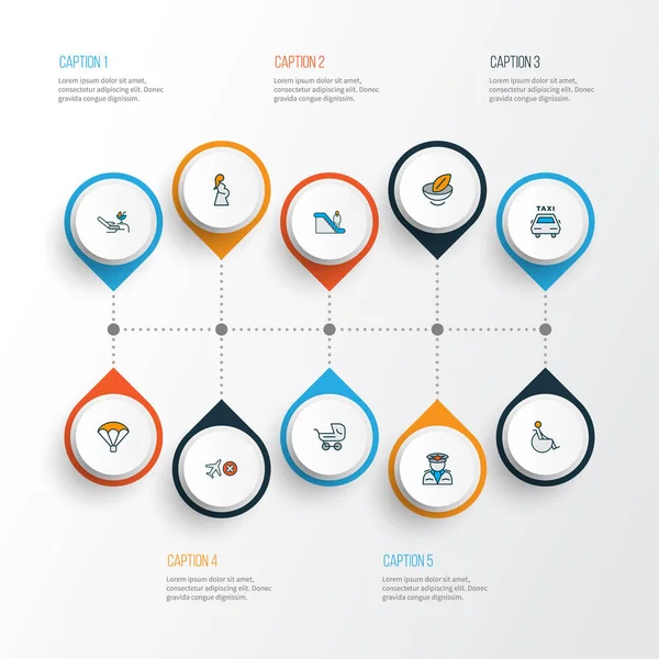 Havaalanı simgeler bebek arabası, vegan gıda, devre dışı ve diğer taksi öğeleri ile Ayarla satır renkte. İzole vektör çizim Havaalanı simgeler.