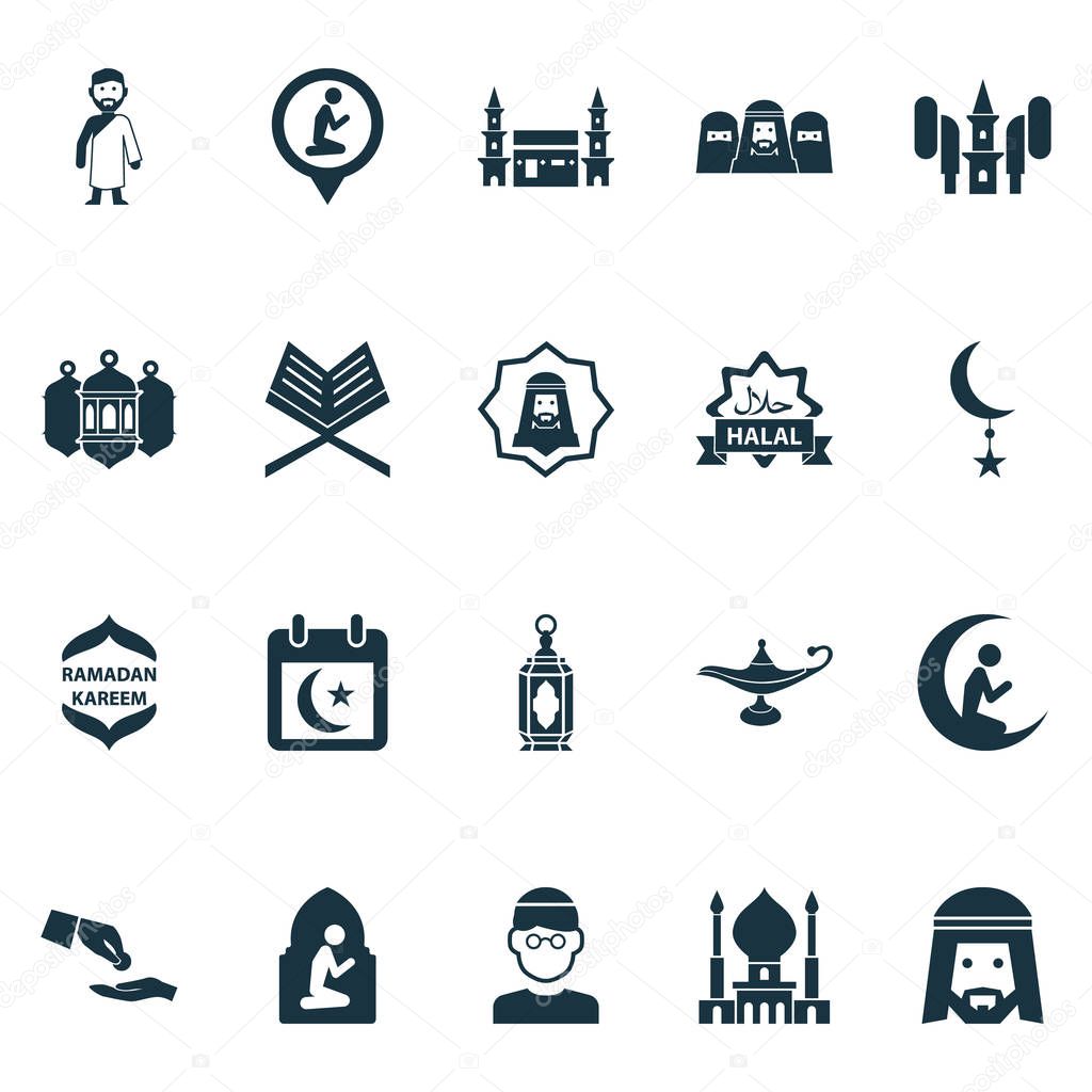 Ramadan icons set with arabian, audio, mecca and other man with moon elements. Isolated vector illustration ramadan icons.