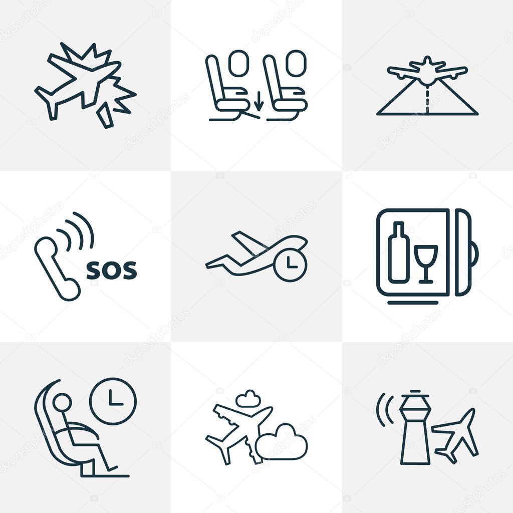 Airport icons line style set with plane in the cloud, plane crash, minibar and other pathway elements. Isolated vector illustration airport icons.