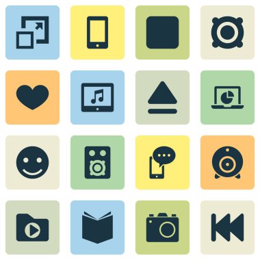 Medya Simgeler dosyası, amplifikatör, emoji ve diğer üst öğeleri ile ayarlayın. İzole illüstrasyon medya simgeler.