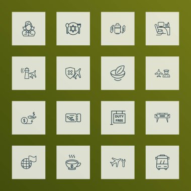 Ulaşım simgeler satır stil kümesi Havaalanı işçi ile dünya bayrak, uçak bakım ve diğer kar öğeleri ile. İzole illüstrasyon ulaşım simgeler.