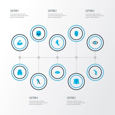 Vücut simgeler kümesi ayak, göğüs, yüz ve diğer ayak öğeleri ile renkli. İzole illüstrasyon vücut simgeler.
