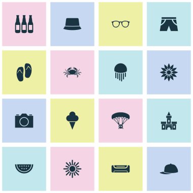 Sun set simgeleri karpuz, panama, çiçek ve diğer Krallık öğeleri ile. İzole illüstrasyon güneş simgeler.