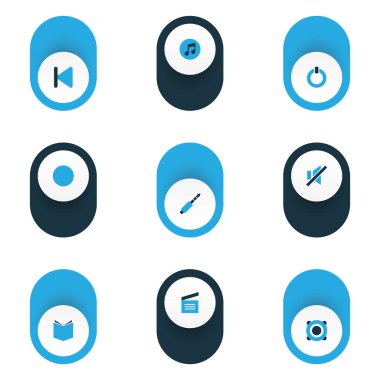 Medya Icons Set ders kitabı, kayıt, ses ile kapalı renkli ve diğer ses öğeleri. İzole illüstrasyon medya simgeler.