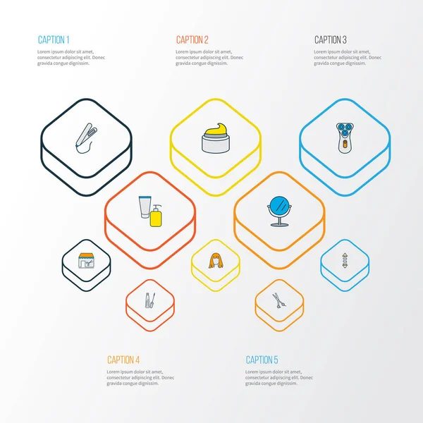 선 크림, 미용 제품가 위 및 다른 메이크업 요소 설정 색 아이콘 이발소 고립 된 그림이 발사 아이콘. — 스톡 사진