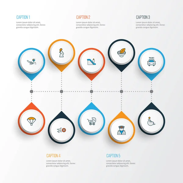 Transport ikoner färgad linje med barnvagn, vegan mat, funktionshindrade och andra cab-element. Isolerade illustration transport ikoner. — Stockfoto