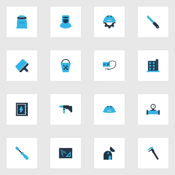 Costruzione icone colorate set con utensili secchio, trapano, tubo con sensore e altri elementi di brasatura. Isolate icone di costruzione illustrazione . — Foto Stock
