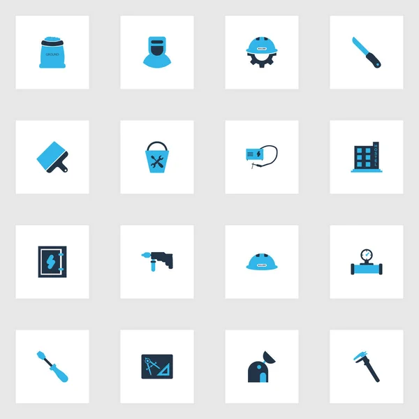 Набор иконок строительного цвета с ковшовыми инструментами, дрелью, трубой с датчиком и другими паяльными элементами. Изолированные иконки построения иллюстраций . — стоковое фото