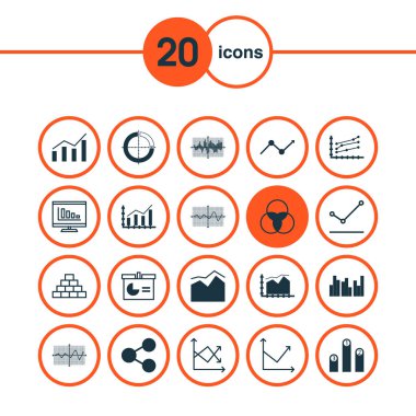 Grafikler, diyagramlar ve istatistik simgeleri kümesi. Kaliteli sembol koleksiyonu. Simgeler web, uygulama ve UI tasarımı için kullanılabilir.