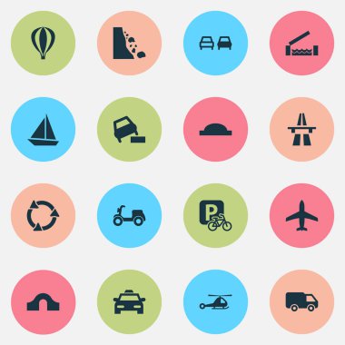 Ulaşım simgeler kambur Köprüsü, düşen kaya, van ve diğer geri dönüşüm öğeleri ile ayarlayın. İzole vektör çizim ulaşım simgeler.