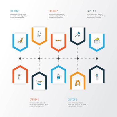 Berber simgeler havlu, saç boya fırçası, bıyık ve diğer el bezi öğeleri ile Ayarla satır renkte. İzole vektör çizim berber simgeler.