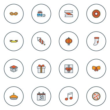 Tatil simgeler renkli çizgi Noel Baba hediye, çörek, gün 31 ve diğer kızak öğeleri ayarla. İzole vektör çizim tatil simgeler.