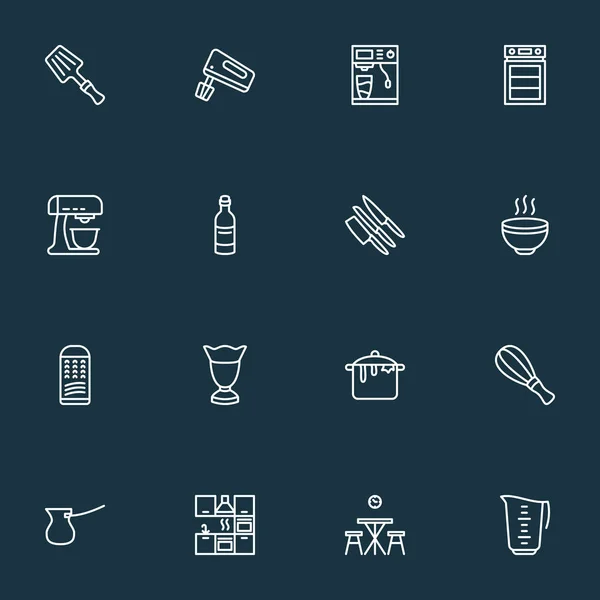 Iconos de cocina conjunto de estilo de línea con muebles de cocina, batidor, cafetera y otros elementos de comida. Iconos de cocina de ilustración vectorial aislado . — Archivo Imágenes Vectoriales