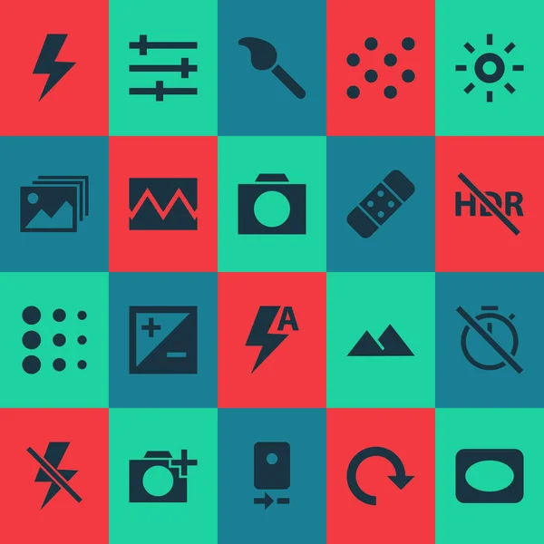Photo icons set with lightning, broken image, chronometer and other camera rear elements. Isolated vector illustration photo icons. — Stock Vector