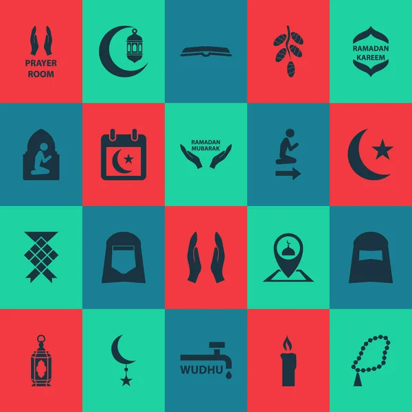 Ramadán ikony nastavit kalendář, namaz místnost, wudhu a jiné vosk prvky ohně. Izolované vektorové ilustrace ramadánu ikony. — Stockový vektor