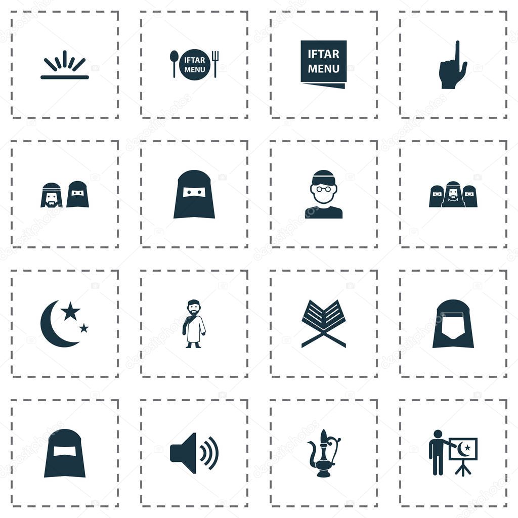 Religion icons set with teaching, hijab, menu and other hajj  elements. Isolated vector illustration religion icons.