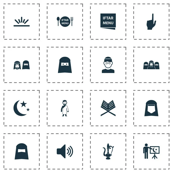 Religion icons set with teaching, hijab, menu and other hajj  elements. Isolated  illustration religion icons.