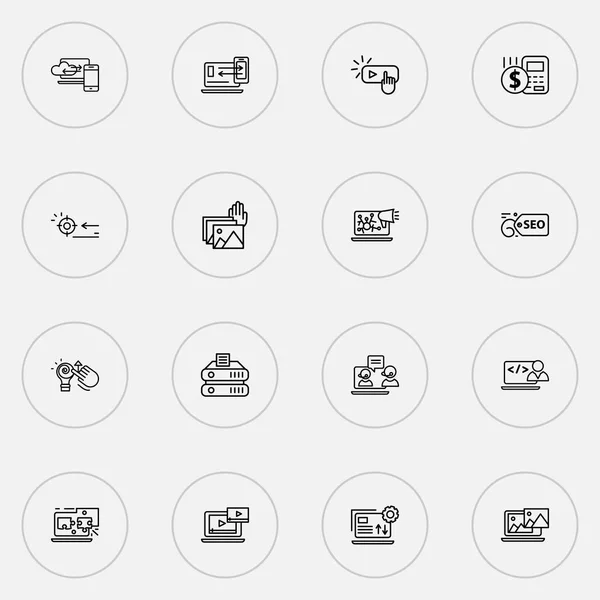 Optimierungssymbole linieren den Stil mit responsivem Design, Abonnement, Datenspeicherung und anderen Streaming-Elementen. Icons zur Illustrationsoptimierung. — Stockfoto