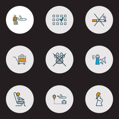 Simgeler renkli çizgi kişisel uçak, hamile kadın, kule ve diğer bavul öğeleri ile seyahat. İzole vektör illüstrasyon seyahat simgeler.