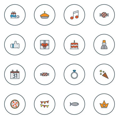 Christmas simgeleri balık, eldiven, müzik notu ve diğer konfeti öğeleri ile Ayarla satır renkli. İllüstrasyon izole vektör christmas Icons.