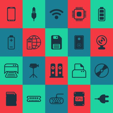 Donanım simgeleri video kamera, ses kablosu, pil göstergesi ve diğer akümülatör işareti öğeleri ile ayarlayın. İzole illüstrasyon donanım simgeleri.