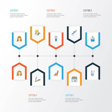 Berber simgeler renkli çizgi saç kesimi, tıraş fırçası, kıvrık demir ve diğer düz saç ile öğeleri ayarlayın. İzole illüstrasyon berber simgeler.