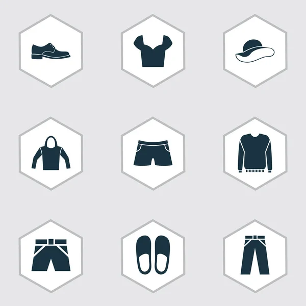 Іконки одягу, встановлені з брюками, светрами, шортами та іншими елементами домашнього взуття. Ізольовані ілюстрації значки одягу . — стокове фото