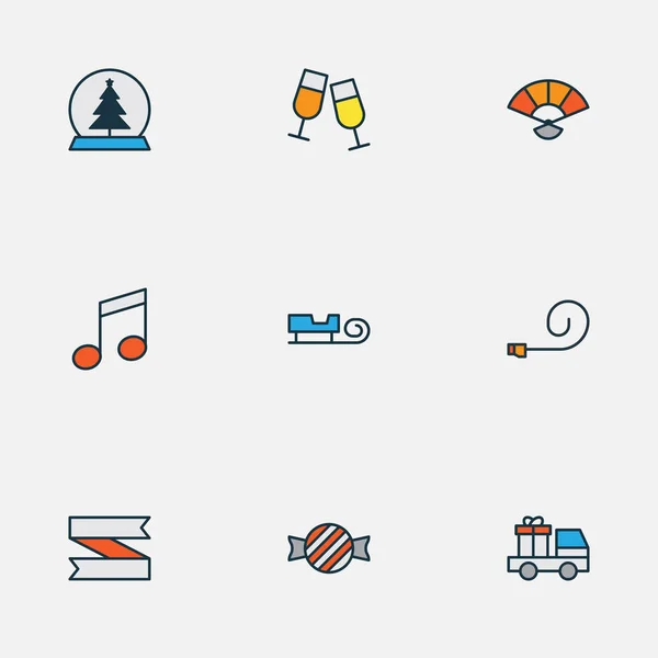 Conjunto de línea de iconos de colores felices con ventilador de fiesta, coche con regalo, nota musical y otros elementos de copas. Iconografía vectorial aislada iconos felices . — Archivo Imágenes Vectoriales