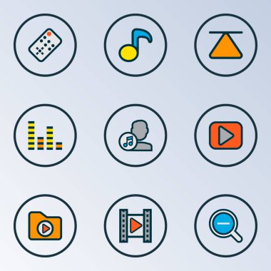 Music icons colored line set with cinema, top, zoom out and other composer elements. Isolated  illustration music icons.