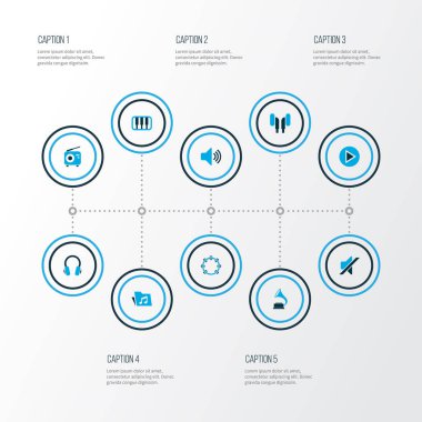 Müzik simgeler kümesi fonograf, başlangıç, ses ve diğer kulaklık öğeleri ile renkli. İzole illüstrasyon müzik simgeleri.