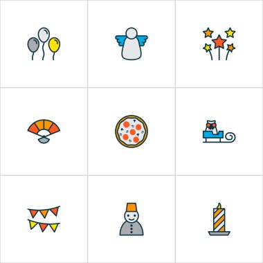 Yıl simgeler renkli çizgi fan, kutlama havai fişek, kiraz kuşu ve diğer mum ile öğeleri ayarlayın. İzole illüstrasyon yıl simgeler.