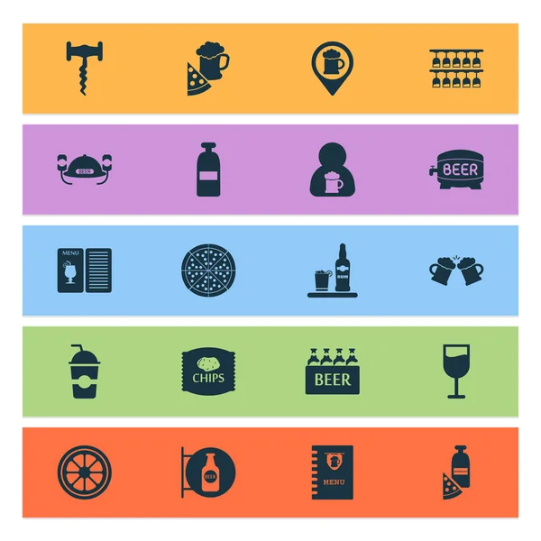 Iconos de alcohol con geolocalización de cerveza, signo de cerveza, ron helado y otros elementos crujientes. Iconos aislados de alcohol ilustración . —  Fotos de Stock