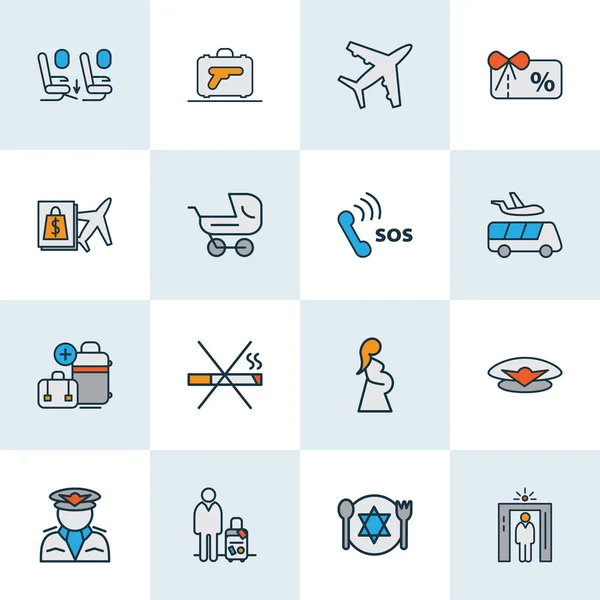Flughafen-Symbole farbige Linie Set mit kaufen an Bord, zusätzliches Gepäck, Gutschein und andere sos Elemente. isolierte Abbildung Flughafen-Symbole. — Stockfoto