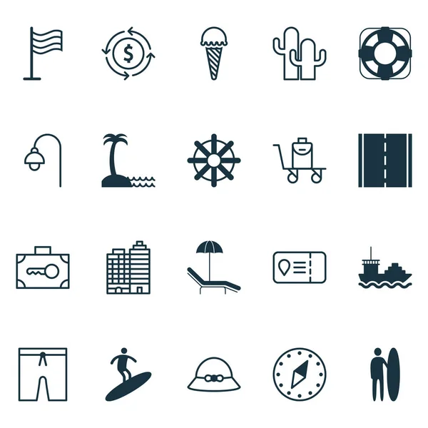 Reizen iconen set met straat licht, surfer, reddingsboei en andere bevroren voedsel elementen. Geïsoleerde illustratie reizen iconen. — Stockfoto