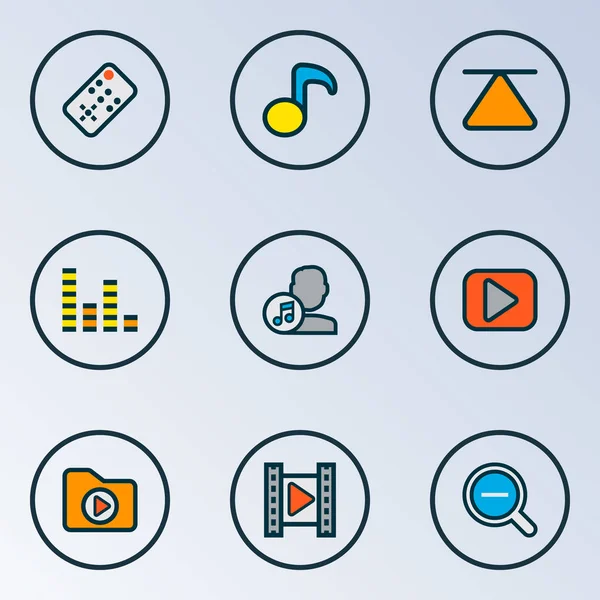 Music icons colored line set with cinema, top, zoom out and other composer elements. Isolated  illustration music icons.
