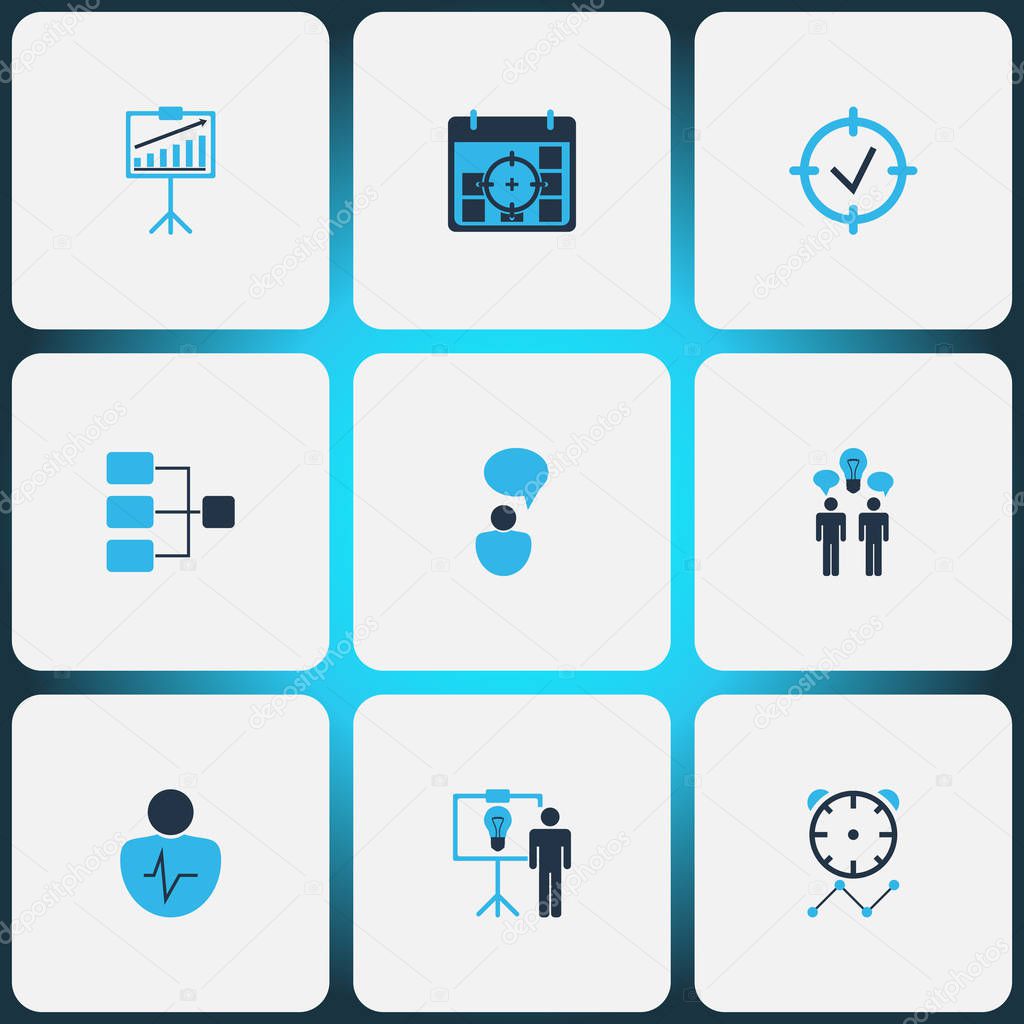 Authority icons colored set with idea brainstorming, business target, presentation of statistics and other idea with discussions elements. Isolated  illustration authority icons.