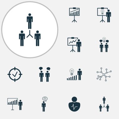 Proje hedefleri, yönetim iyileştirmeleri, kişisel sunum ve diğer birlikte çalışma öğeleriyle belirlenen yönetim simgeleri. Yalıtılmış vektör illüstrasyon yönetimi simgeleri.