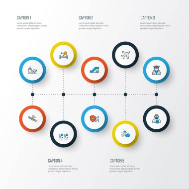 Airport icons colored line set with pilot, plane, luggage check and other captain elements. Isolated vector illustration airport icons.