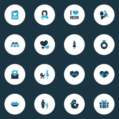 Anneler günü simgesi renkli tasarım konsepti. Kartpostal, duygu ve hediye gibi 16 öğeden oluşan bir set. Anne, aşk ve bebek için güzel semboller.